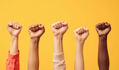 people holding their fists in the air, yellow background, Team or Goal in Business concept. - obrazy, fototapety, plakaty