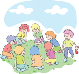 Obraz na płótnie Canvas Little children playing handkerchief snatch game in green field.