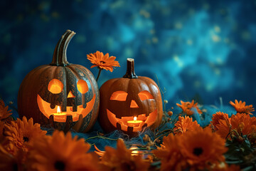 Naklejka premium realistic photo of three helloween pumpkins with a candle inside surrounded by orange flowers