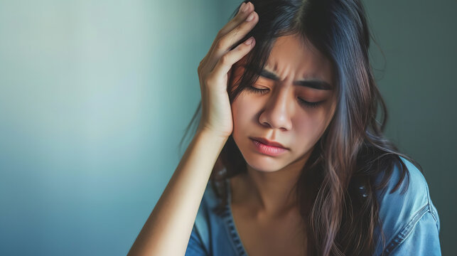 Sad Tired Young Asian Woman Touching Forehead Having Headache Migraine Or Depression, Upset Frustrated Girl Troubled With Problem Feel Stressed