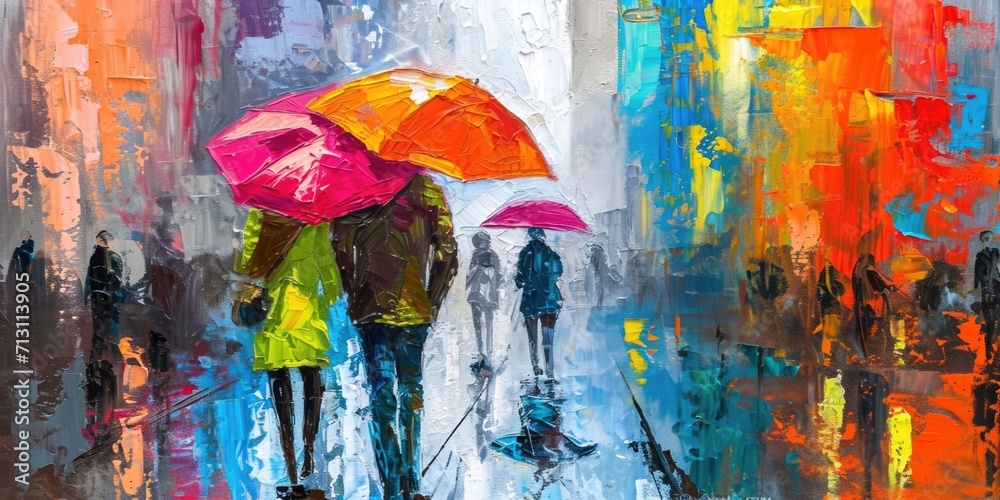 Poster people walking in the rain with umbrellas. suitable for weather-related designs and concepts