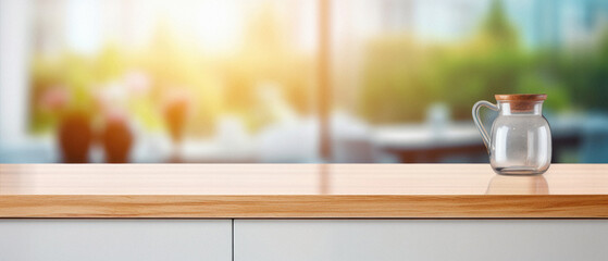 Wooden kitchen home table bokeh background, empty wood desk tabletop food counter surface product display mockup with blurry cafe abstract backdrop advertising presentation. Mock up, copy space.