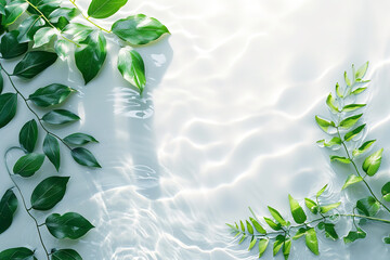 Transparent and clean white water and green leaf background sunlight reflection, top view, beauty backdrop