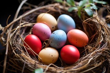 Fototapeta na wymiar Colorful eggs nestled in an easter nest ready for a joyous celebration of the season, easter eggs picture