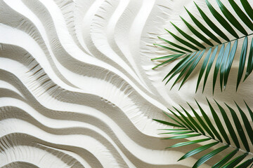 Zen pattern in white sand with palm leaves. Lines drawing on sand, beautiful sandy texture.