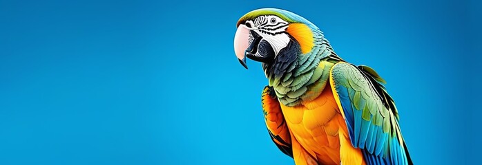 Colorful portrait of parrot concept on blue background, banner with place for text