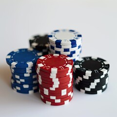 The pile of casino chips on the white background.
