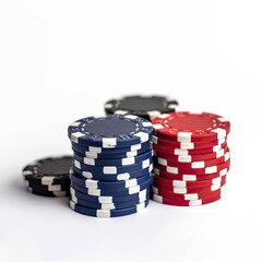 The pile of casino chips on the white background.