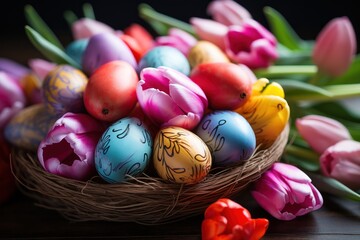 Obraz na płótnie Canvas Vibrant tulips and easter egg on wooden table creating a festive and cheerful atmosphere, easter candles image