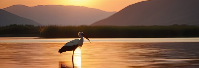 Landscape at sunset with a stork in the center against the backdrop of mountains and a lake