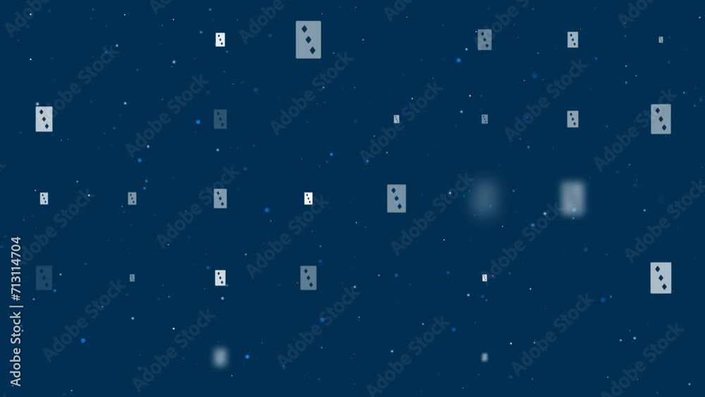 Poster template animation of evenly spaced three of diamonds playing cards of different sizes and opacity. 