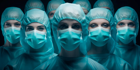 doctors or surgeons in isolation gown or protective suits, protective surgical face masks.