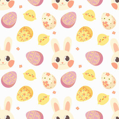 Print, seamless pattern with cute white rabbits, chickens and eggs on white background. Vector illustration for Easter, children