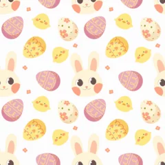 Fototapeten Print, seamless pattern with cute white rabbits, chickens and eggs on white background. Vector illustration for Easter, children © Sonika