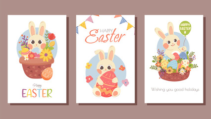 Set of cute Easter postcards. Vector illustration with kawaii rabbits, branches, flower baskets and congratulations Happy Easter, Good holidays