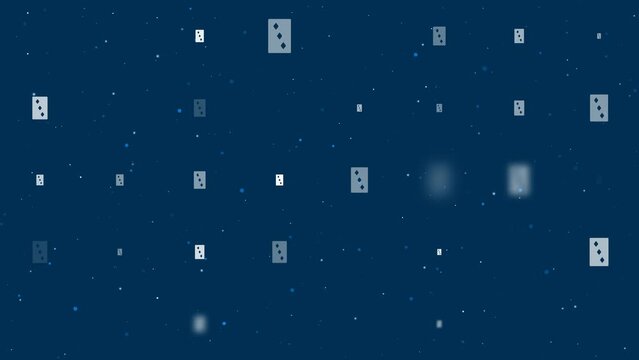 Template animation of evenly spaced Three of diamonds playing cards of different sizes and opacity. Animation of transparency and size. Seamless looped 4k animation on dark blue background with stars