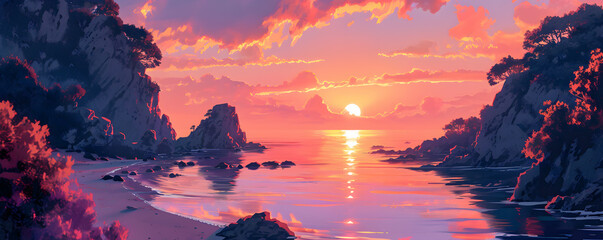 Beautiful sea sunset on a tropical island. Seascape illustration in warm reddish tones. - obrazy, fototapety, plakaty