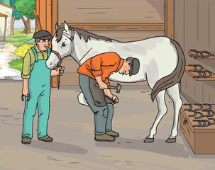 The farrier man is changing the shoe of the horse.
