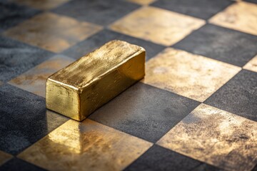 gold bar on top checkerboard surface