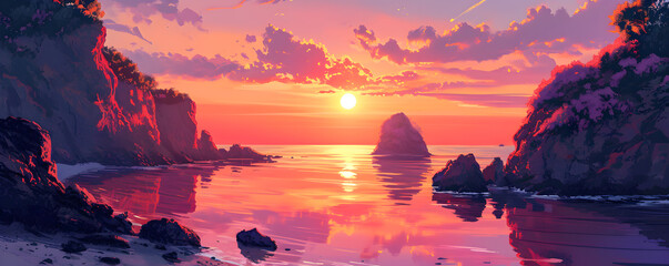 Beautiful sea sunset on a tropical island. Seascape illustration in warm reddish tones. - obrazy, fototapety, plakaty