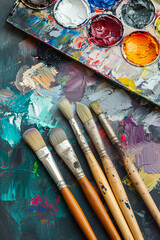 Fototapeta premium set of accessories for painting with paints and brushes. fine art tools. creative flatlay composition with copy space