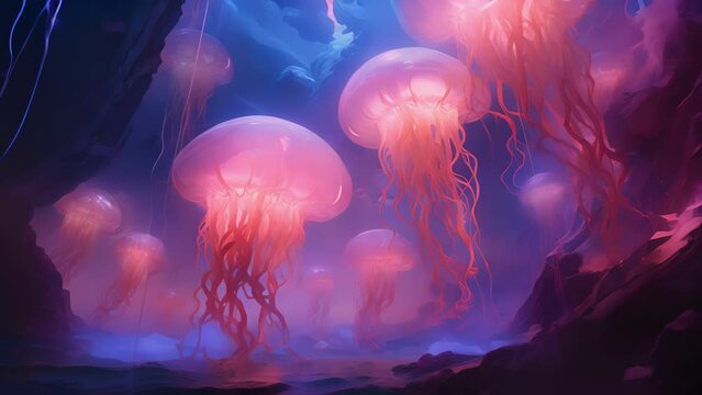 Delve into a dreamscape inhabited by towering, sentient jellyfish that emit ethereal music, their translucent bodies pulsating to the rhythm.