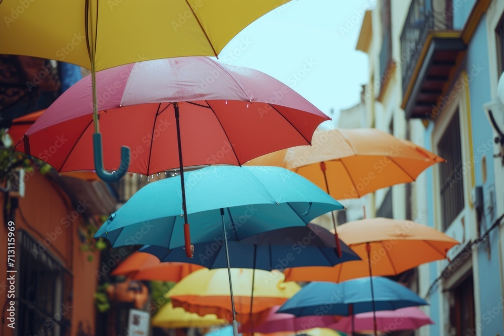 Poster Colorful umbrellas hanging from the side of a building. Perfect for adding a pop of color to any urban scene