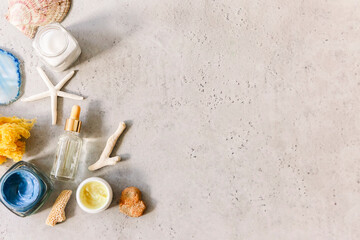 Spa products on table in bathroom