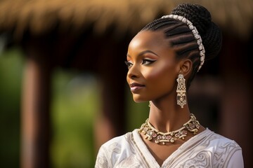 A radiant portrait capturing the beauty of a young Zambian woman in a pristine white dress