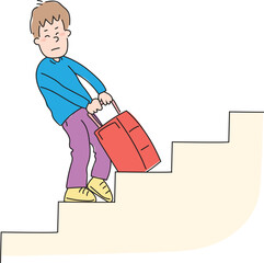 Boy struggling to get suitcase up stairs. Young male trying to carry suitcase.