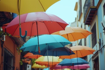 Colorful umbrellas hanging from the side of a building. Perfect for adding a pop of color to any urban scene