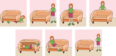 Set of illustrations describing the position of the little girl relative to the sofa. Mathematics subject.