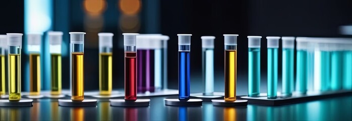 Medical test tubes close-up in bright colors against laboratory background