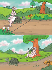 The tale of the tortoise and the hare. Rabbit and turtle. Bunny and tortoise. © ribella