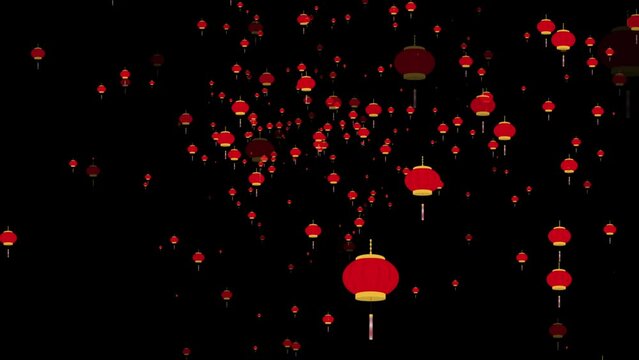 Red glowing Chinese lanterns celebrating the new year. Golden color floating lantern. A large group of Chinese flying lanterns. Chinese sky lanterns floating in a dark night sky. Yee Peng Festival