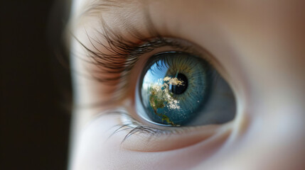 Close-up of a child's eye reflecting Earth, symbolizing a vision for environmental conservation. - obrazy, fototapety, plakaty