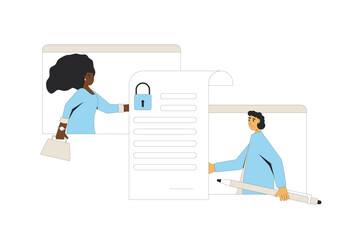 Signing business confidentiality paper. NDA concept. Job offer. Business deal. Non disclosure agreement. Contract between employee and employer. Vector modern flat illustration.