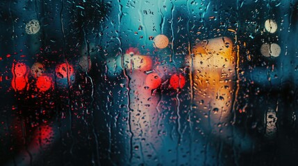A rain covered window with traffic lights in the background. Perfect for illustrating the urban environment during a rainy day