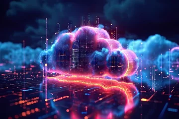 Foto op Canvas Technology networking and digital communication in business with cloud computing concept web storage for data global social media ai server online binary illustration background modern futuristic © Thares2020