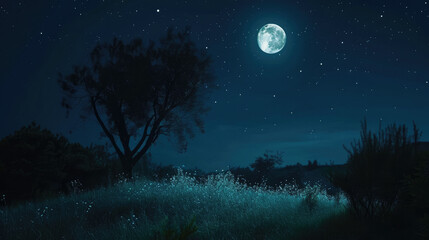 Moonlit night over a serene field with fireflies and a clear starry sky, evoking peace and tranquility.
