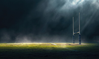 Dramatic rugby field goalposts illuminated, sports competition night.