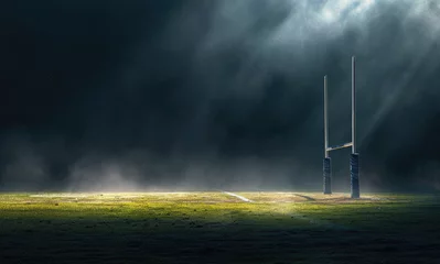 Plexiglas foto achterwand Dramatic rugby field goalposts illuminated, sports competition night. © Gregory O'Brien
