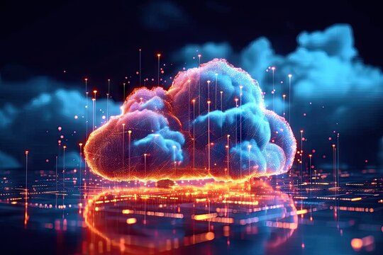 Technology networking and digital communication in business with cloud computing concept web storage for data global social media ai server online binary illustration background modern futuristic