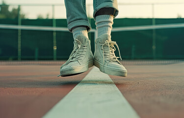 Stylish white sneakers on a tennis court, embodying active lifestyle and sports fashion.
