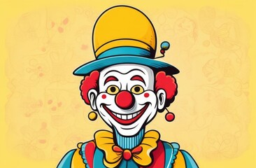 clown with a balloon.clown in a jester's hat on a yellow background with confetti.