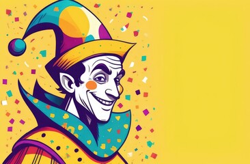 clown in a jester's hat on a yellow background with confetti.