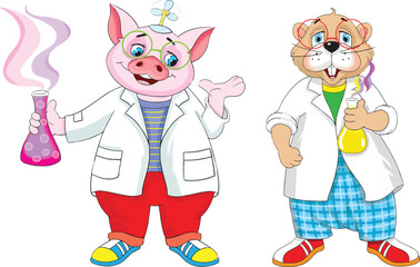 Chemist pig and squirrel mascot drawing with test tubes in their hands.