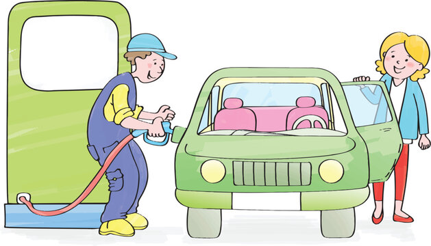 The pump man fills the woman's car with gas. Getting gas from the gas station.