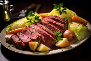 Corned or salt beef and cabbage closeup.  Salt-cured brisket of meat traditional dish cooked in...
