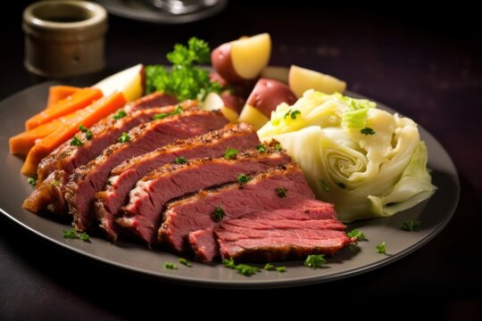 Corned or salt beef and cabbage closeup.  Salt-cured brisket of meat traditional dish cooked in Dutch oven. 